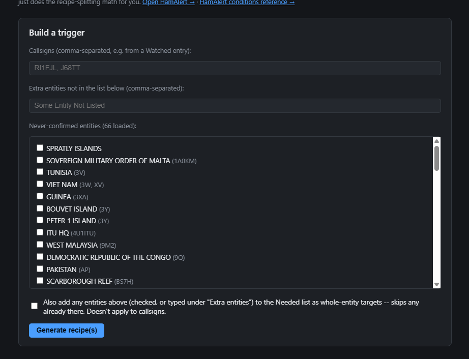 DXMon Trigger Builder generating HamAlert trigger recipes