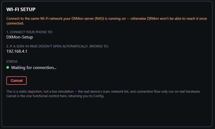 DXMon on-device captive portal Wi-Fi setup screen