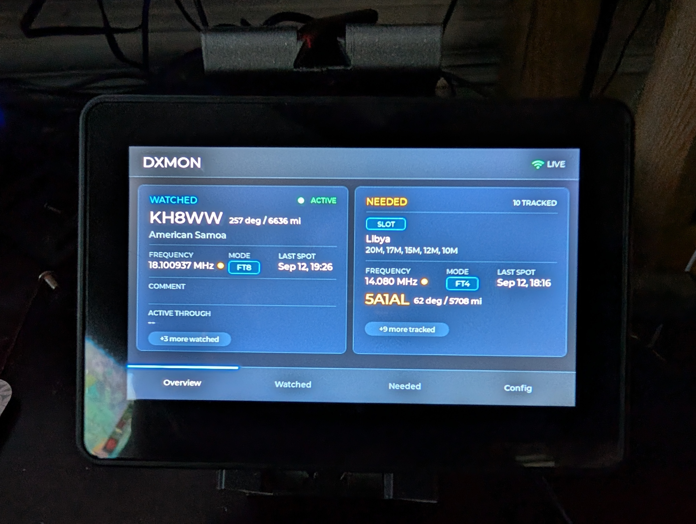 DXMon on the desk showing the Overview screen on a Waveshare ESP32-S3 Touch LCD 4.3B display