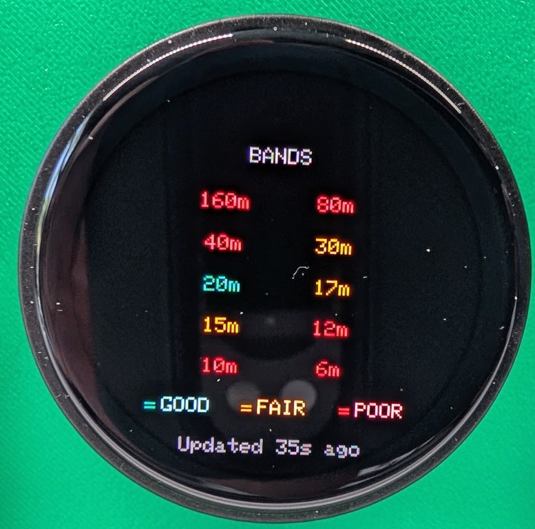 PropMon Bands screen showing all 10 HF bands with color coded status indicators