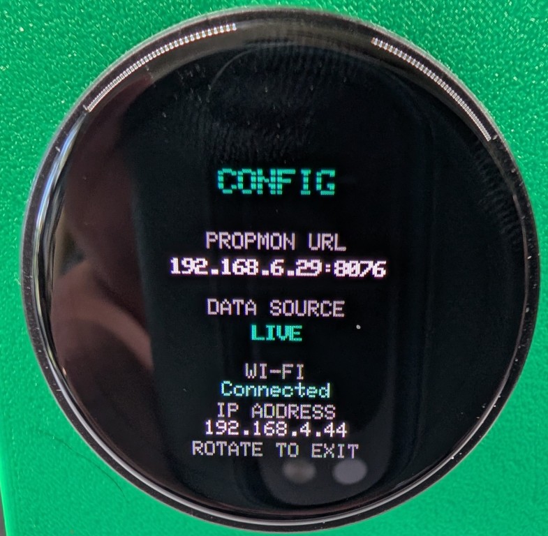 PropMon Configuration screen showing Wi-Fi status, IP address, and data source
