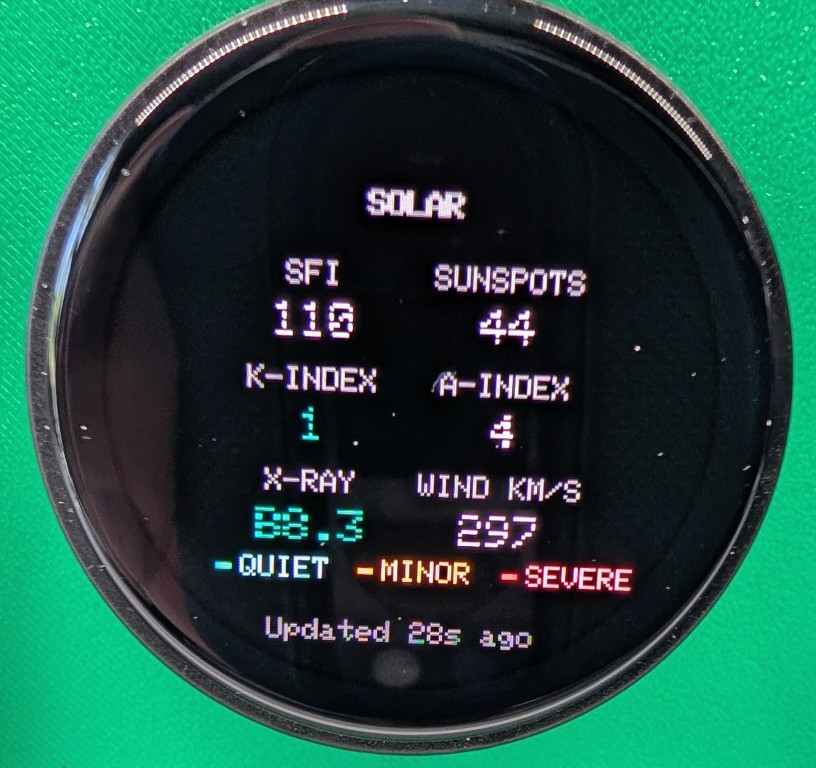 PropMon Solar screen displaying SFI, sunspots, K-index, A-index, and X-ray flux