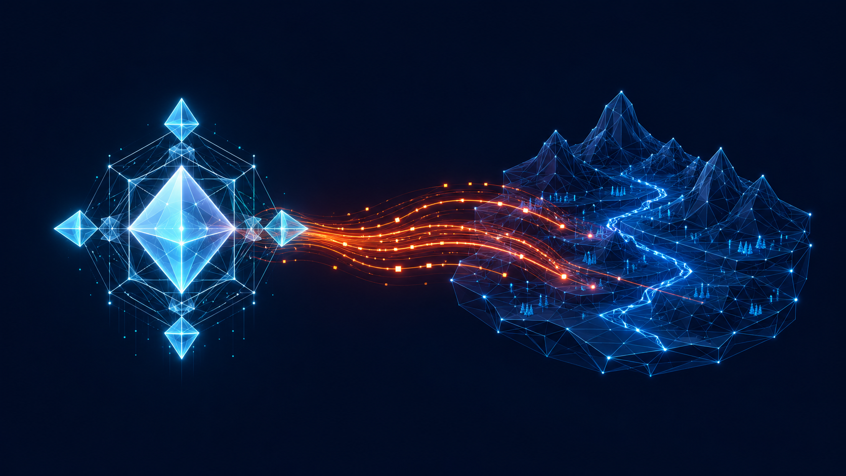 Unreal AI Connection — abstract geometric AI core on the left, orange data streams flowing right into a wireframe low-poly 3D landscape with mountains and a glowing river
