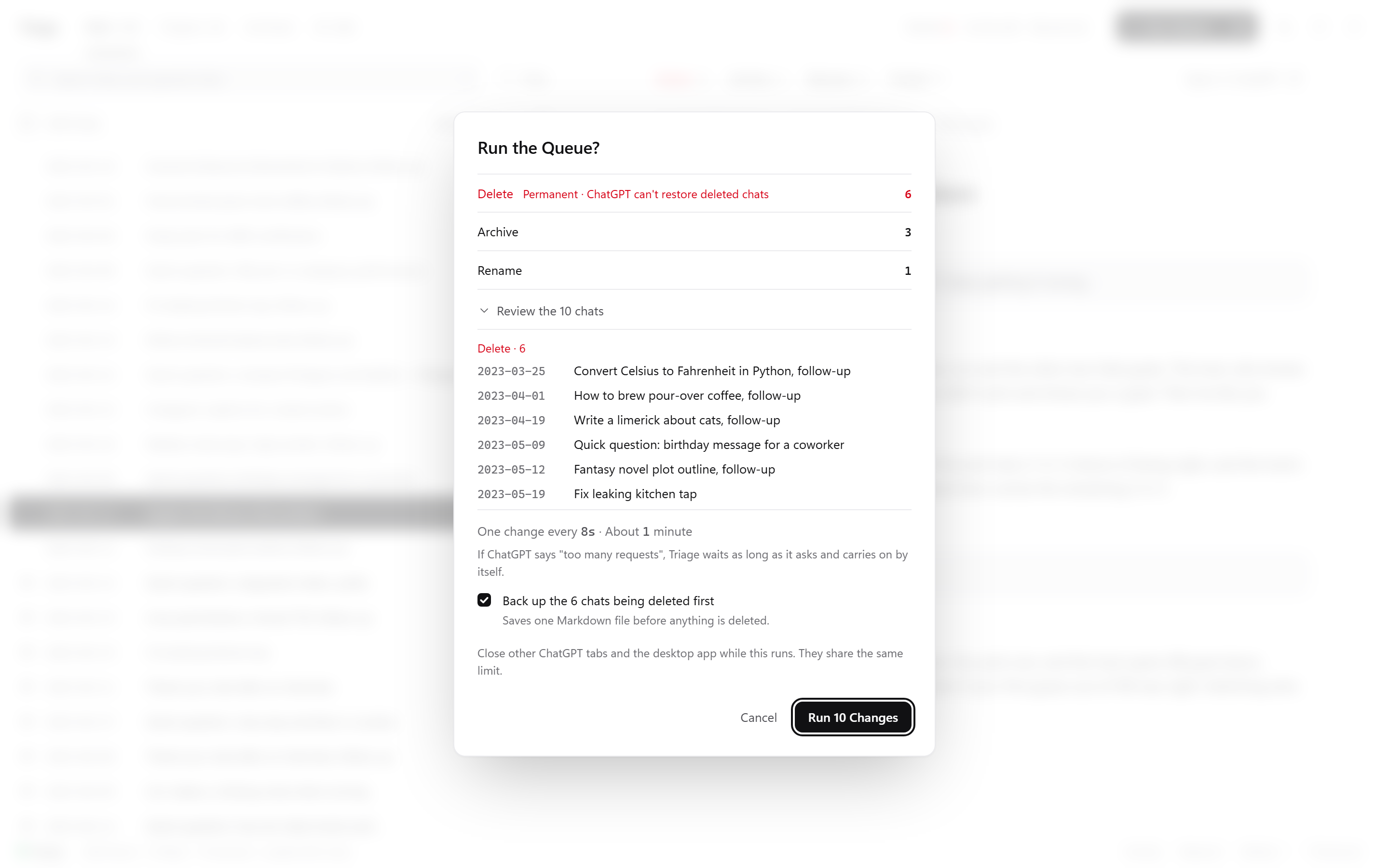 The confirmation before running the queue
