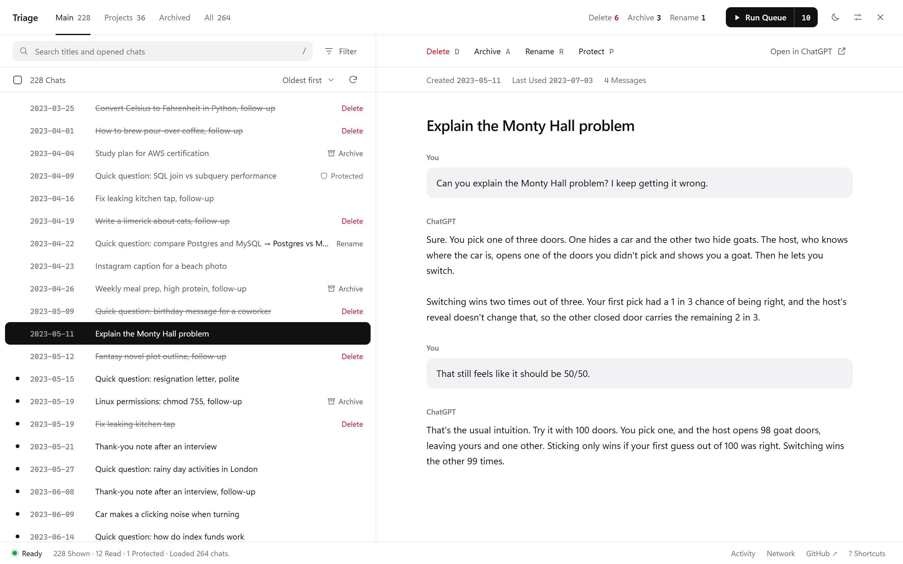 Triage open on chatgpt.com, with a list of chats on the left and the selected chat on the right