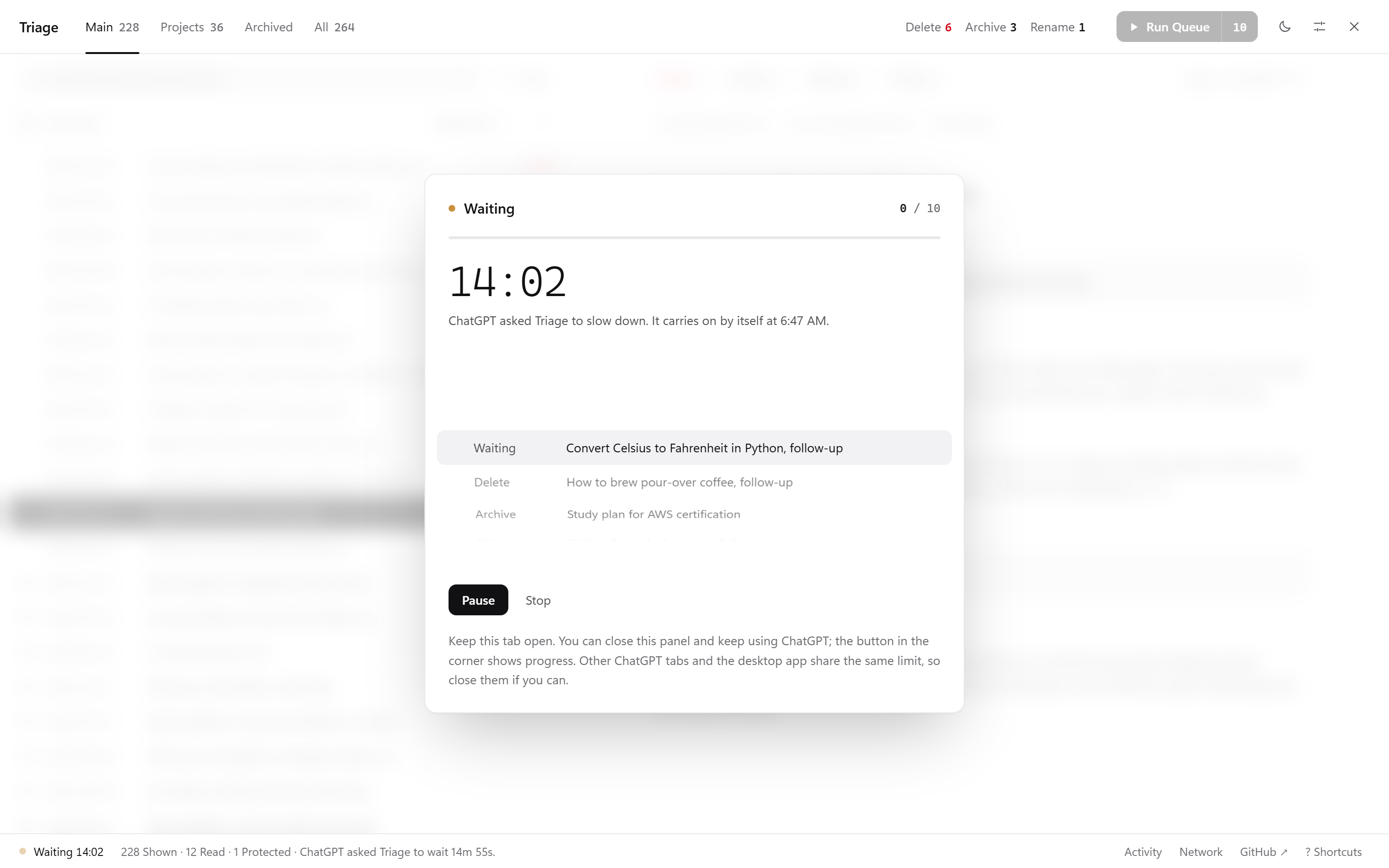 The run screen, waiting for ChatGPT with a countdown