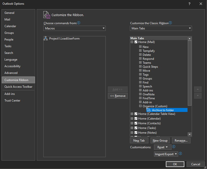 Outlook Options to create a ribbon button