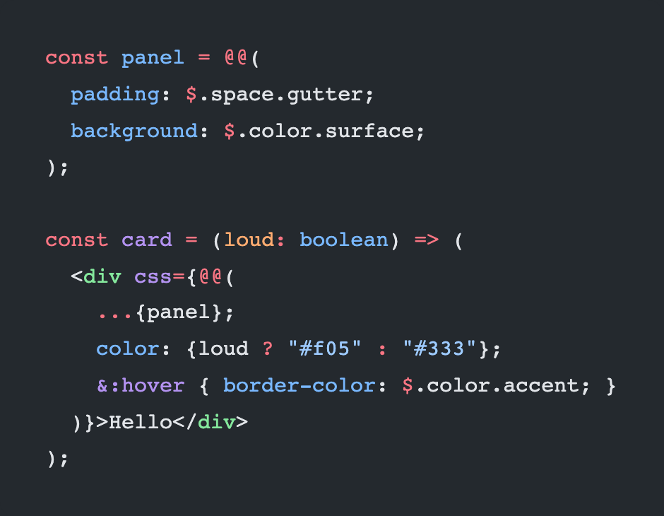 A style block coloured by this extension: properties, values, a nested rule, a $ variable and a TypeScript hole, each its own colour