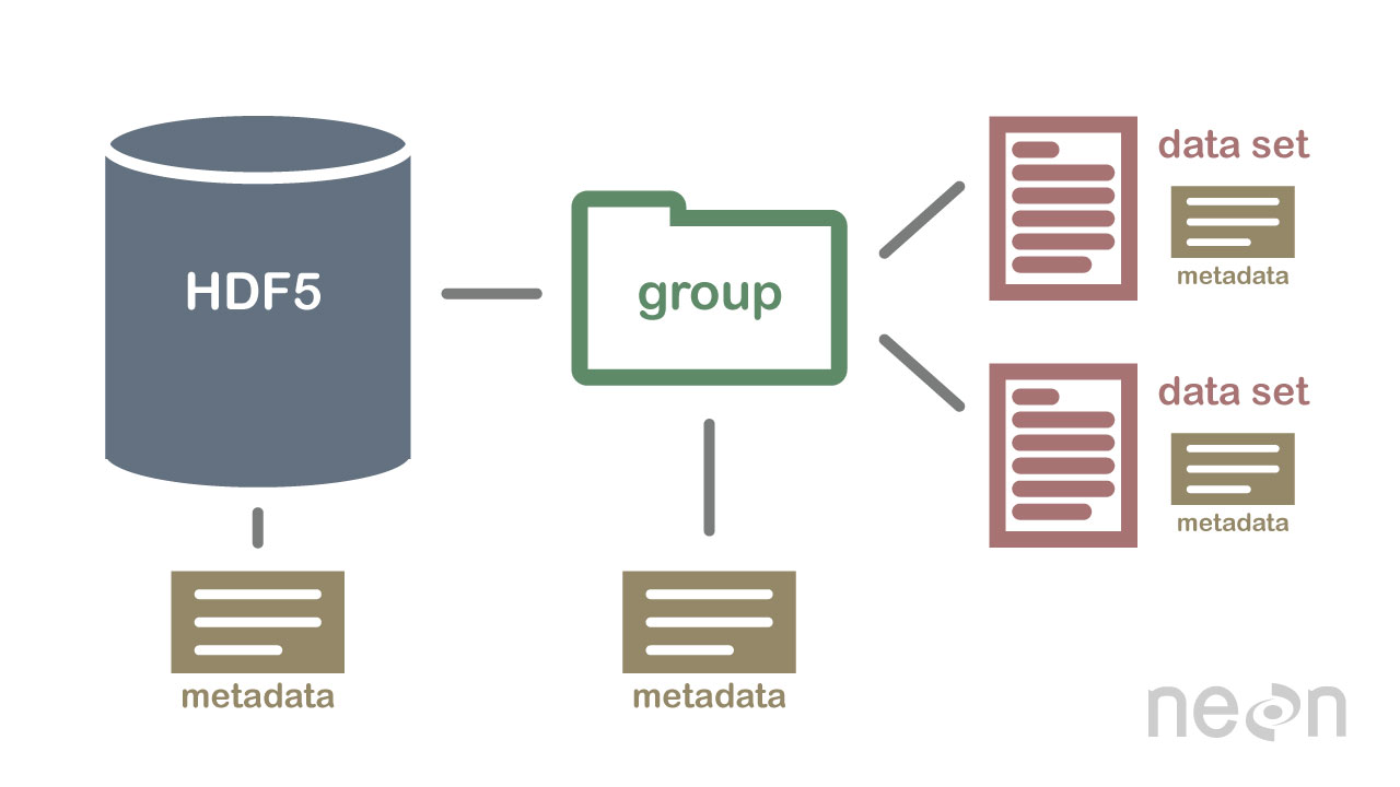 Una ilustración de una estructura de archivos HDF5 con un grupo que contiene dos conjuntos de datos y todos los metadatos asociados