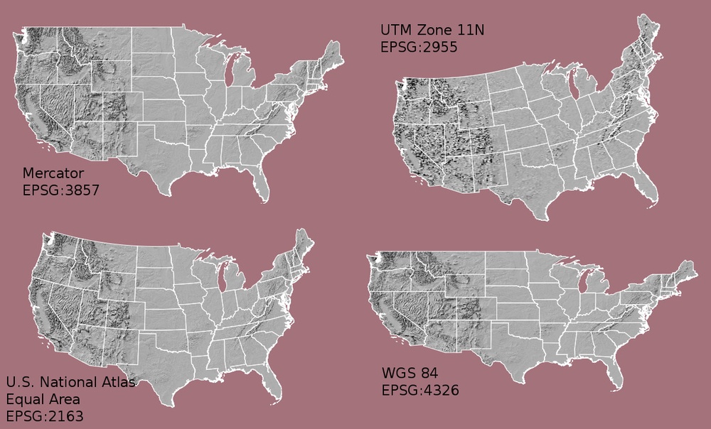Four different map projections (Mercator, UTM Zone 11N, U.S. National Atlas Equal Area, and WGS84) of the continental United States demonstrating that each projection produces a map with a different shape and proportions.
