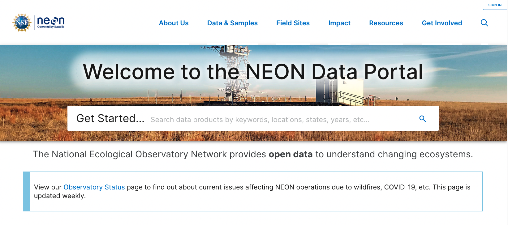 NEON Data Portal Front Page.