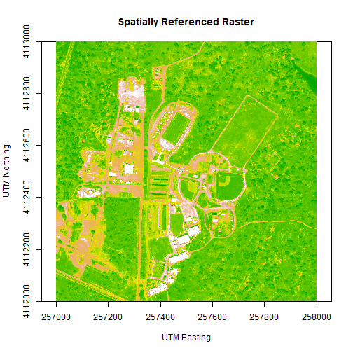 Plot of the properly oriented raster image of B34 with custom colors. We can adjust the colors of the image by adjusting the z limits, which in this case makes the highly reflective surfaces more vibrant. This color adjustment is more apparent in the bottom left of the image, where the parking lot, buildings and bare surfaces are located. The X-axis represents the UTM Easting values, and the Y-axis represents the Northing values.