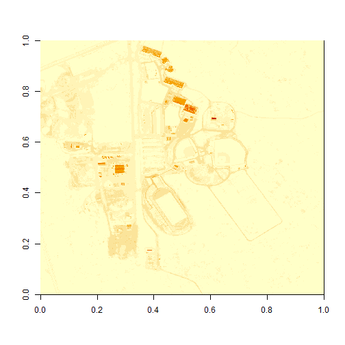 Plot of reflectance values for band 34 data with values equal to -9999 set to NA. Image data in raster format will often contain no data values, which may be attributed to the sensor not collecting data in that area of the image or to processing results which yield null values. Reflectance datasets designate -9999 as data ignore values. As such, we will reassign -9999 values to NA so R won't try to render these pixels.