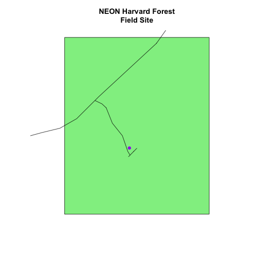 NEON Harvard Forest Field Site showing tower location and surrounding roads.