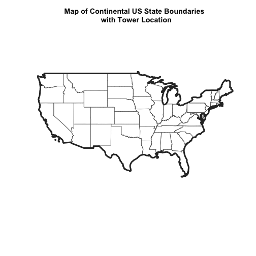 Continental U.S. state boundaries with the U.S. boundary emphasized with a thicker border; note that the Fisher Tower point is not currently visible.