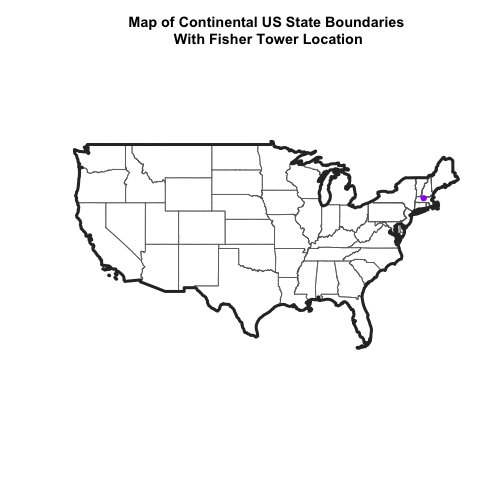 Continental U.S. state boundaries with the U.S. country border emphasized with a thicker border and with the Fisher Tower represented as a point.