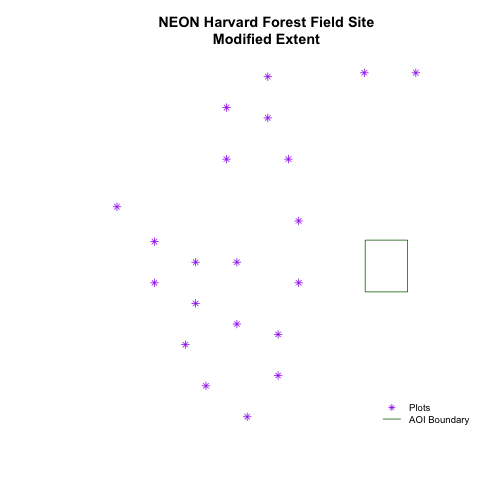 Plot locations and AOI boundary at NEON Harvard Forest Field Site with modified extents.