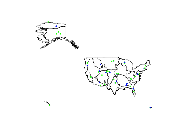 NEON domain map with site dots color-coded for aquatic and terrestrial sites