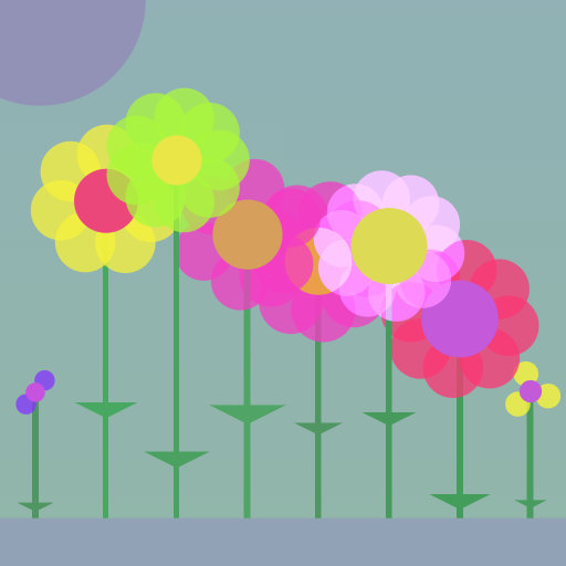 A field of 8 colorful flowers, drawn on Canvas2D