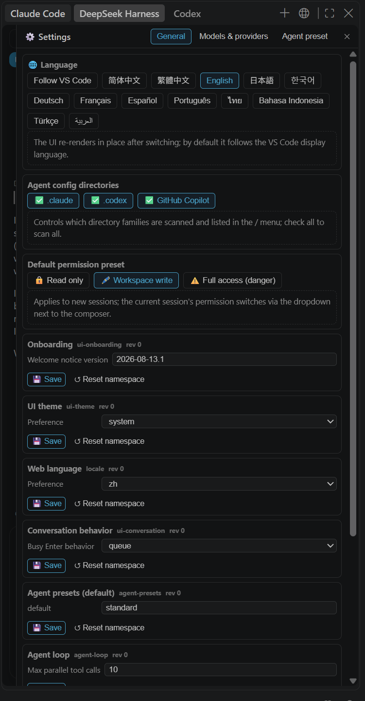 Settings panel