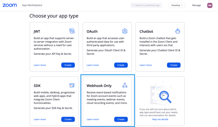 Create Webhook Only Zoom App