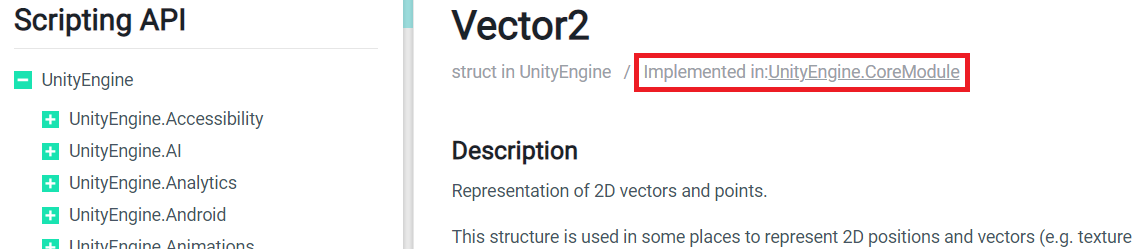 Unity Scripting Manual page for Vector2, showing that the type is implemented in UnityEngine.CoreModule