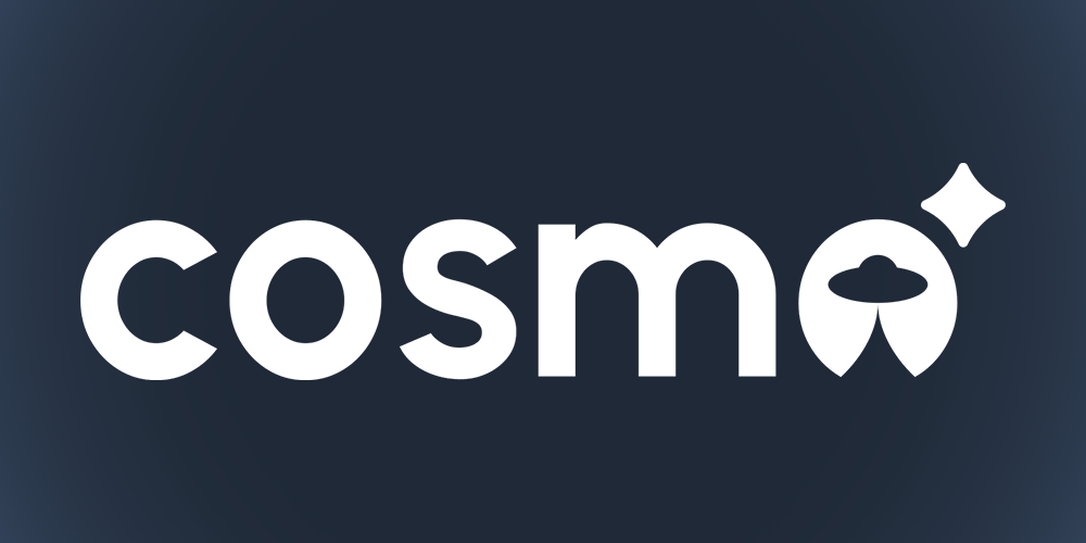 White text saying "Cosmo" with the O replaced with a UFO like symbol and star like shape at the top right