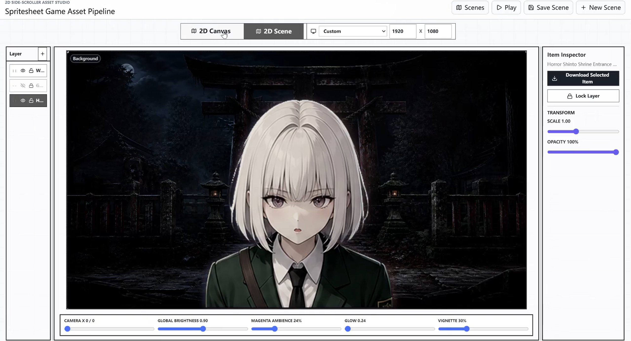 Scene composer with character and shrine entrance background