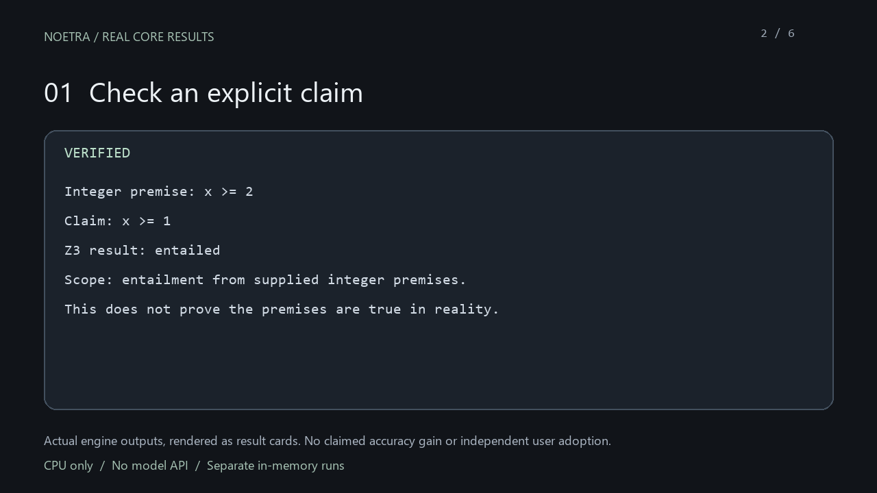 Actual NOETRA core output, presented as a result card