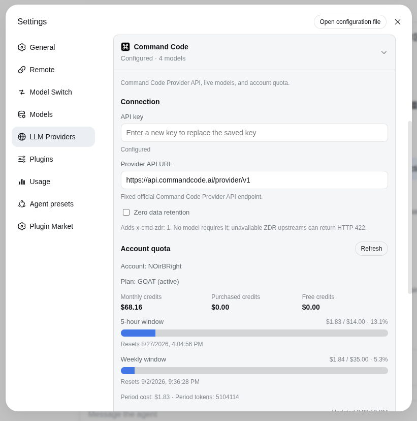Command Code connection, optional ZDR, and account quota