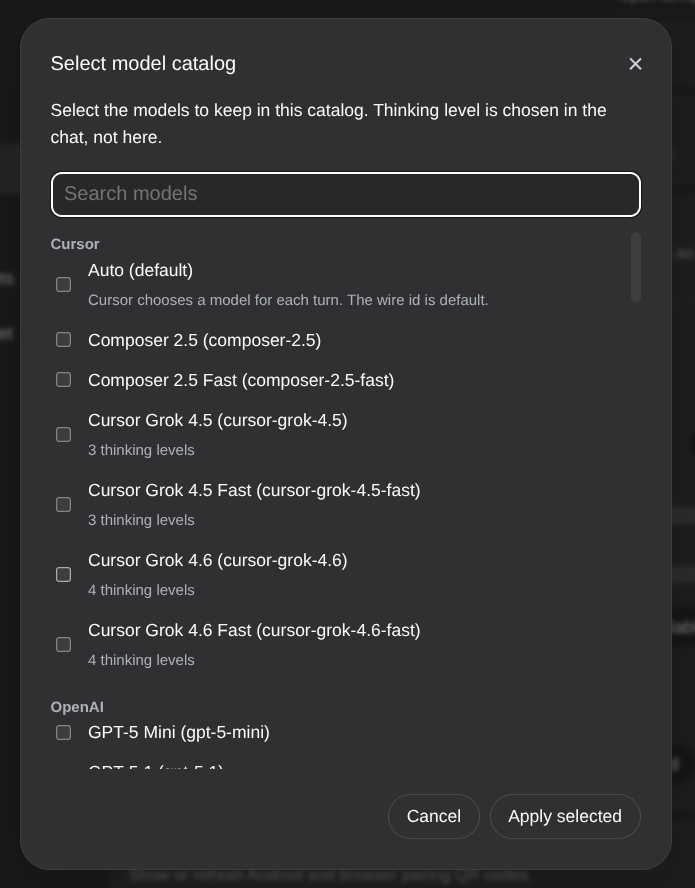 Fetch picker: choose which model families to keep in the catalog