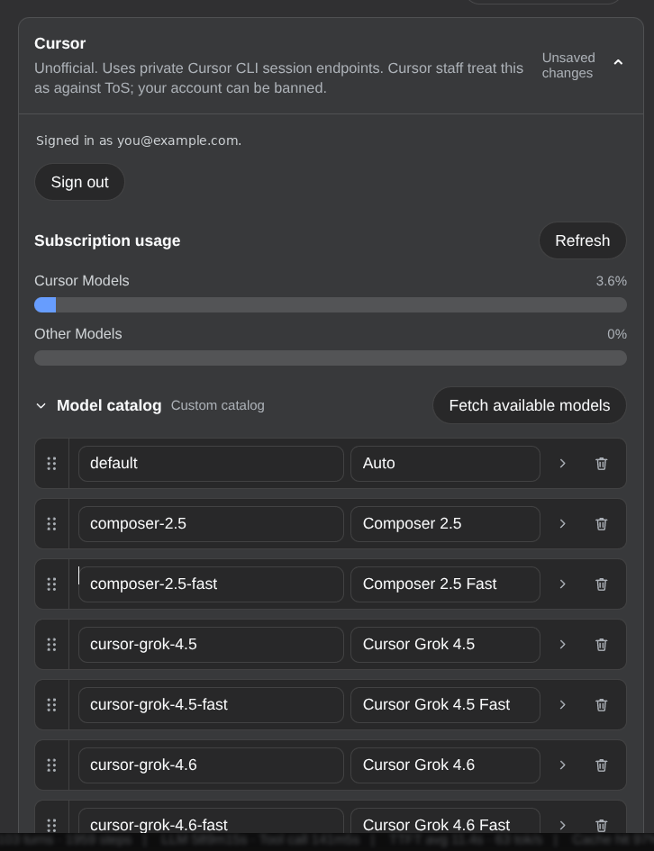 Cursor plugin card: ToS warning, sign-in, subscription usage, and saved catalog