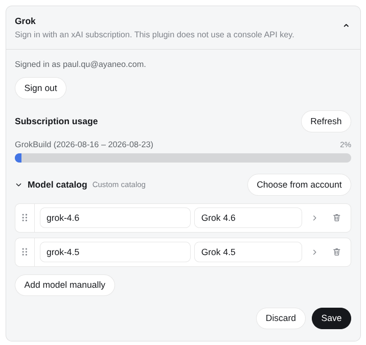 Grok Plugin card: subscription login, usage, and model catalog