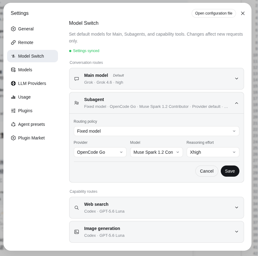 Model Switch settings with a fixed Subagent route