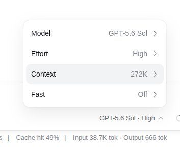 Composer popover with Model, Effort, Context, and Fast controls for GPT-5.6 Sol.
