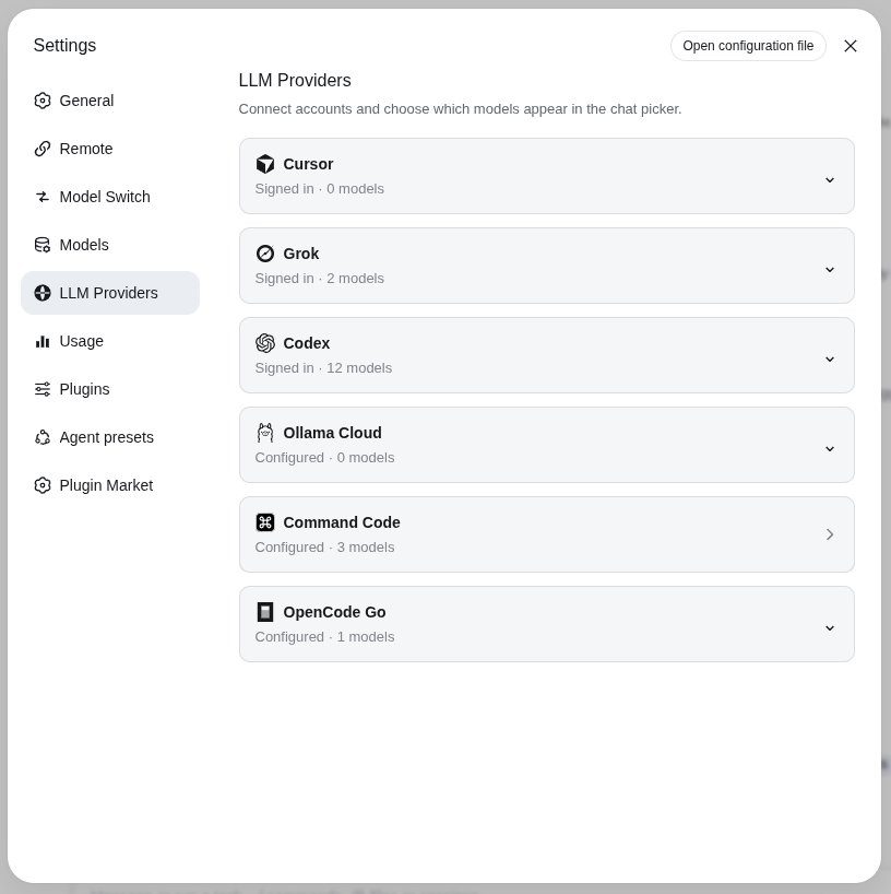 Settings → LLM Providers listing Cursor, Grok, Codex, Ollama Cloud, Command Code, and OpenCode Go.