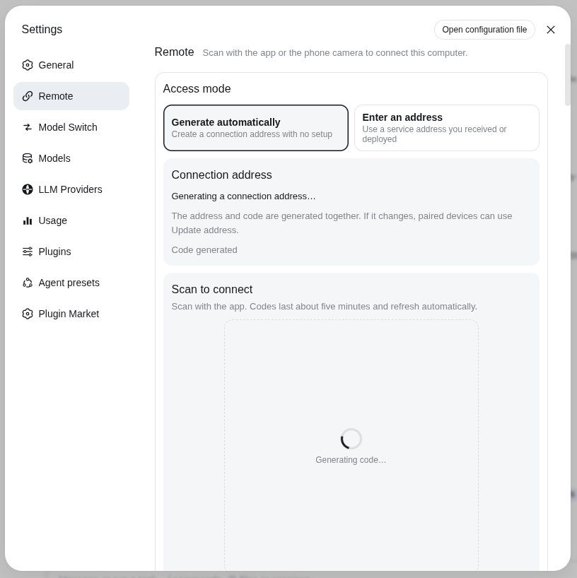 Settings → Remote generating an automatic connection address and pairing QR code.