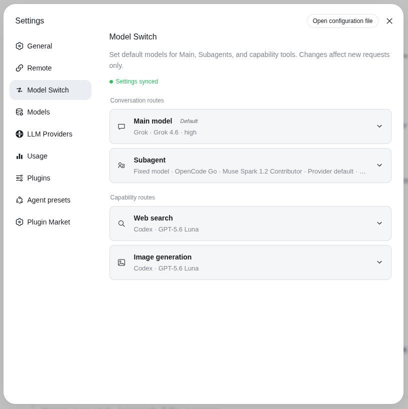 Settings → Model Switch with Grok as Main, OpenCode Go as Subagent, and Codex for Web Search and image generation.