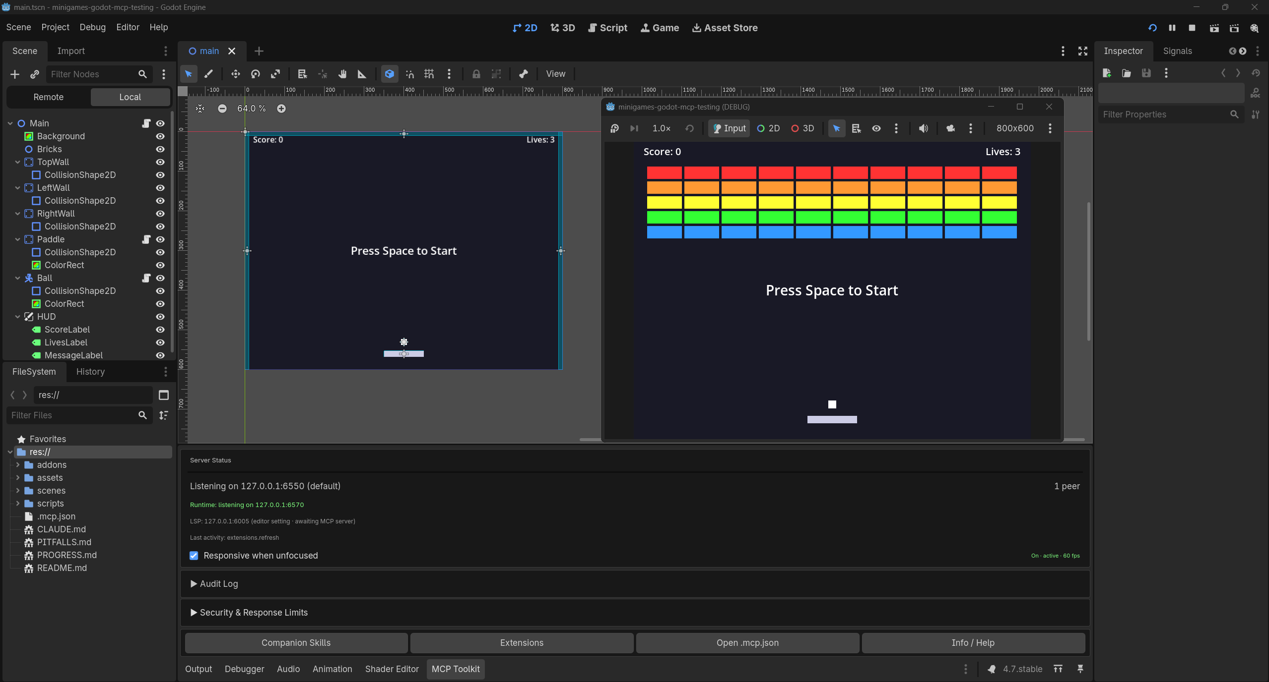 The Godot 4.7 editor driving the toolkit: the brick-breaker scene open in the viewport, the game running in a debug window with a full wall of colored bricks, and the MCP dock reporting "Listening on 127.0.0.1:6550" with 1 connected peer
