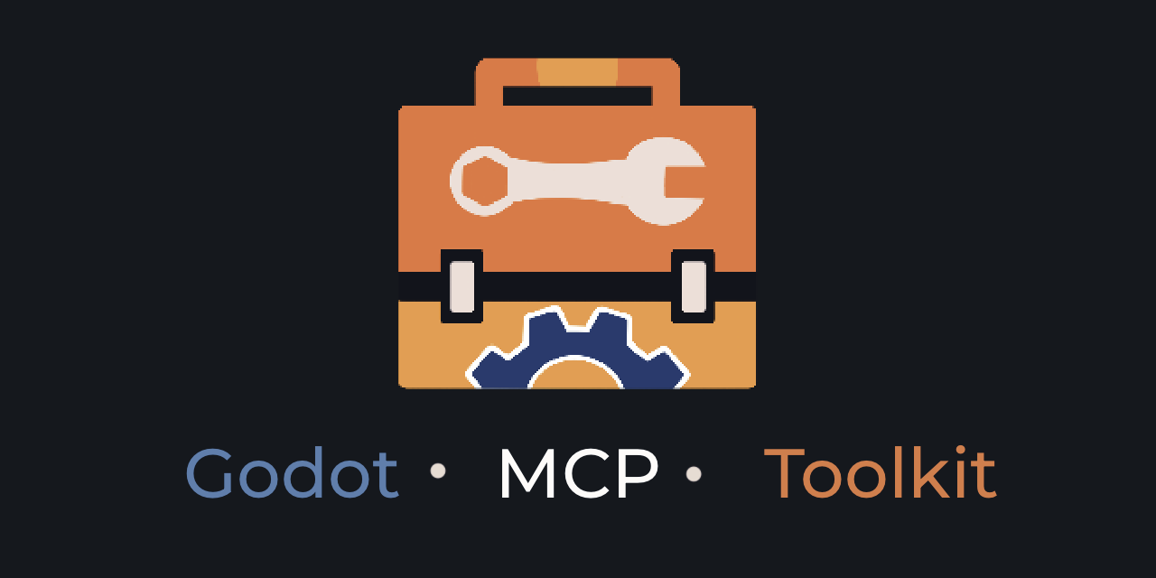 Godot MCP Toolkit: an amber toolbox with a cream wrench and a blue gear, beside the wordmark "Godot · MCP · Toolkit" on a dark navy field