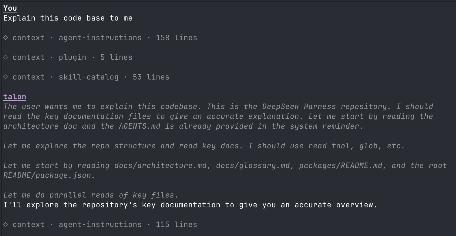 A talon session: role headers, context-injection cards, and a streaming reply