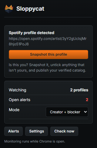 The extension popup showing a detected Spotify profile and a Snapshot button