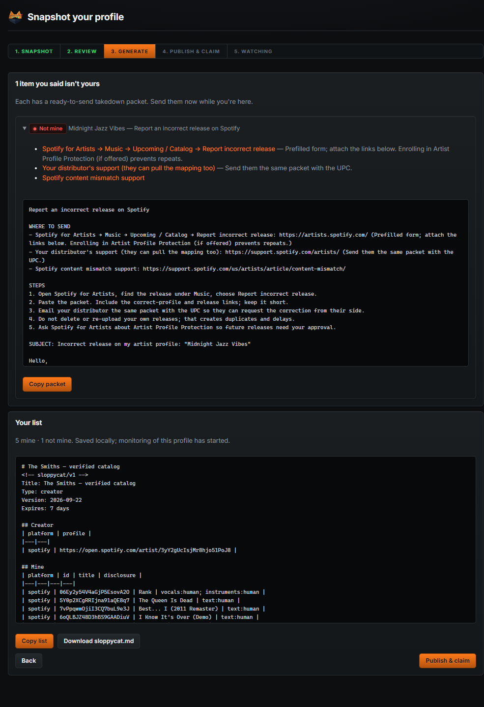 A generated Spotify takedown packet with links, numbered steps and a prefilled letter