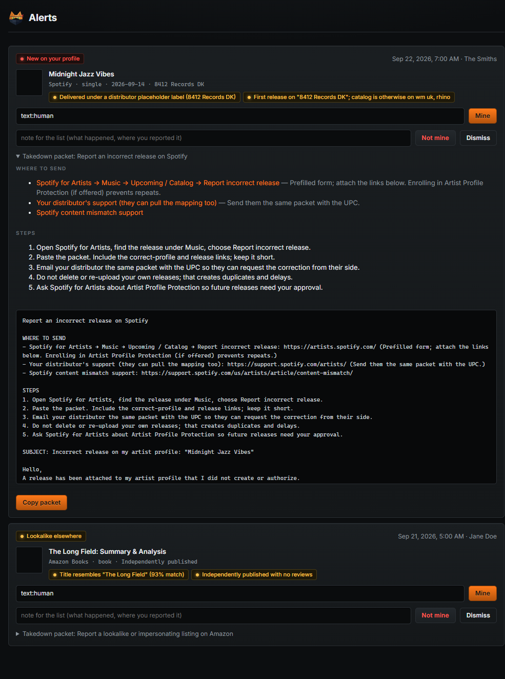 The alerts page showing a new release on the profile and a lookalike title found elsewhere