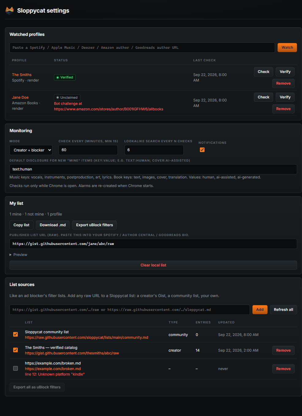Settings showing watched profiles, monitoring options, my list and the list sources table
