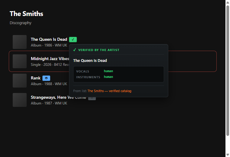 A verified album with a green check badge and a card showing vocals: human, instruments: human