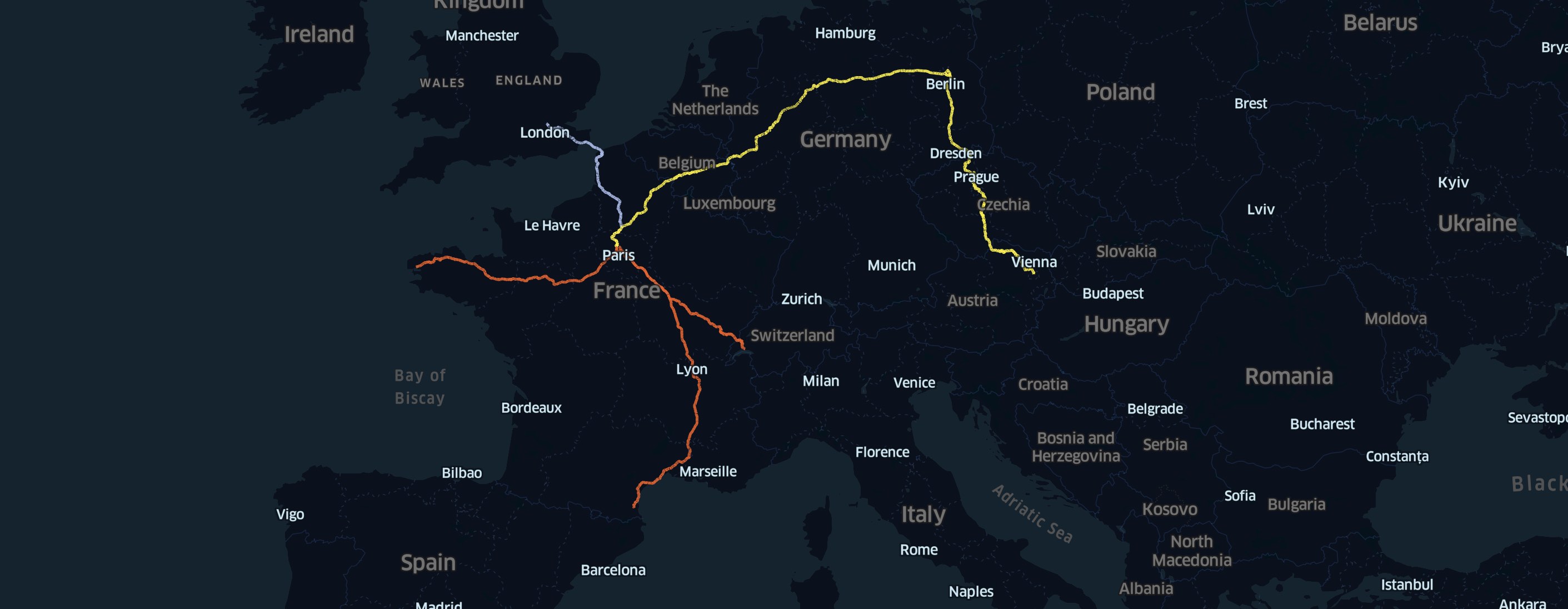 Europe Map with London - Paris - Berlin trains routes
