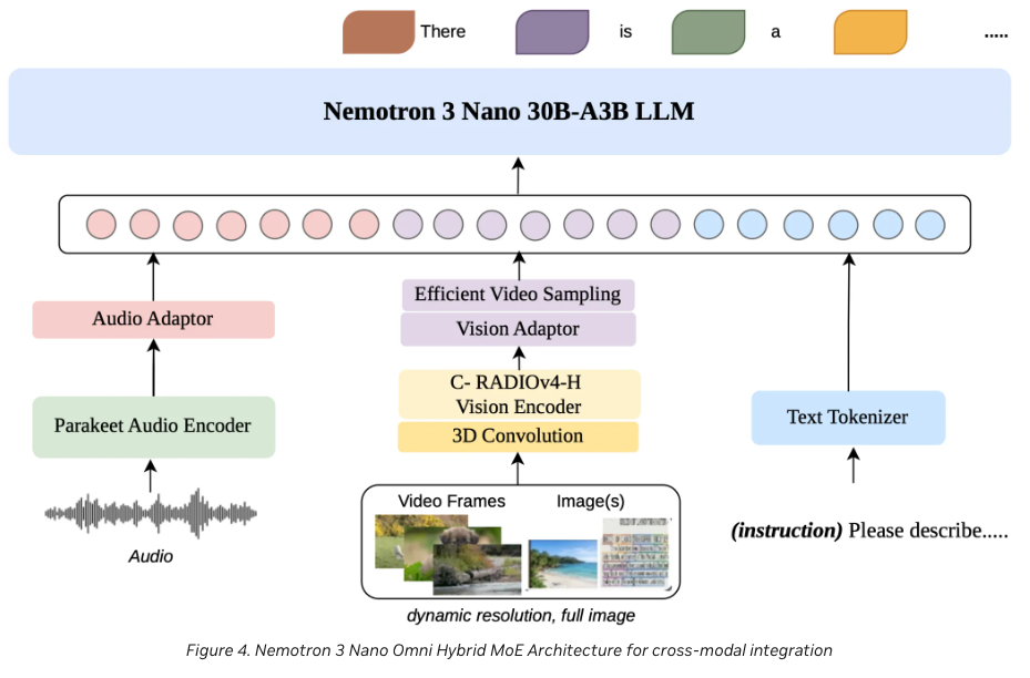 Nemotron 3 Nano Omni hybrid MoE architecture: each modality (audio via Parakeet, vision via C-RADIOv4-H + 3D convolution + Efficient Video Sampling, text via tokenizer) has its own encoder and adaptor; all streams converge on the unified 30B-A3B LLM decoder