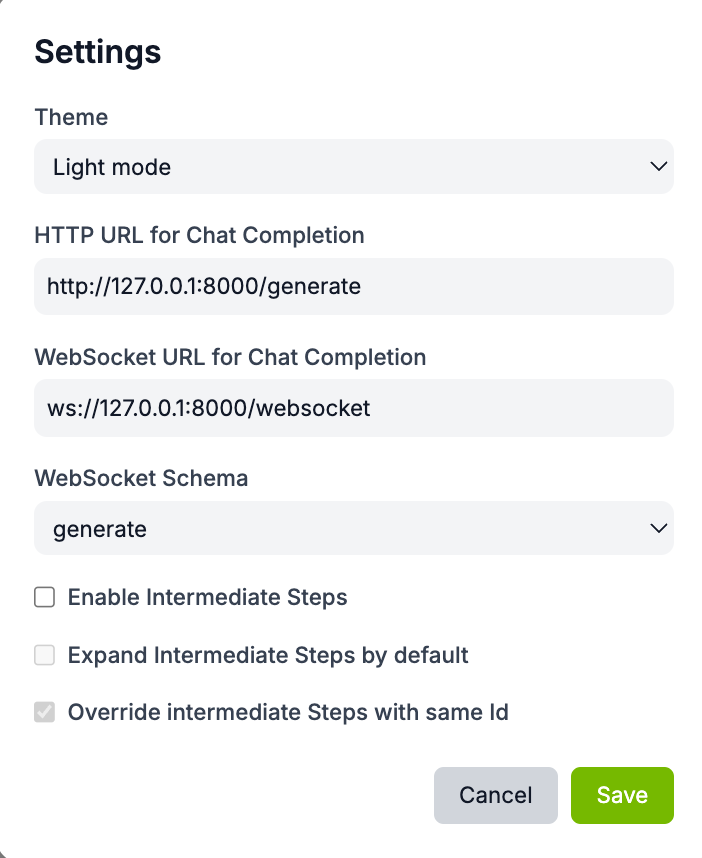 NeMo Agent Toolkit Web UI Settings