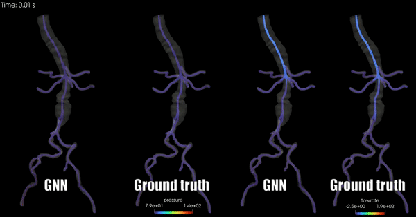 MeshGraphNet and reference pressure and flow-rate fields along patient-specific vessel centerlines